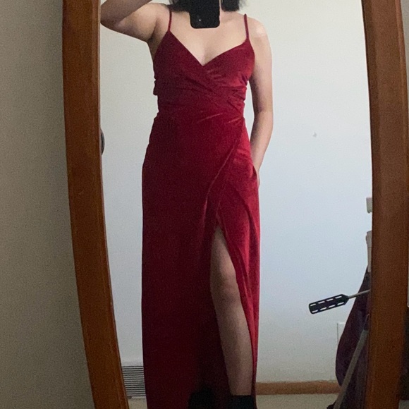 Evening Dark Red High Slit Velvet Wrap Floor Length Dress - Picture 5 of 5
